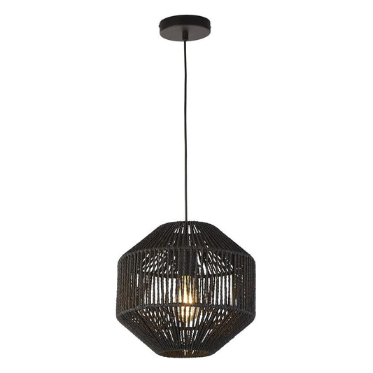 Searchlight Wicker Pendant  - Matt Black Metal & Black Rope Shade 11203-1BK