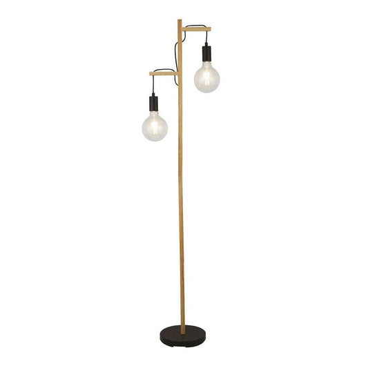 Searchlight Woody  2Lt Floor Lamp  - Natural Wood & Black Metal 95041-2BR