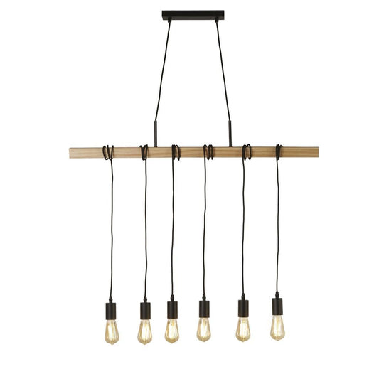 Searchlight Woody  6Lt Bar Pendant - Natural Wood & Black Metal 95041-6BR