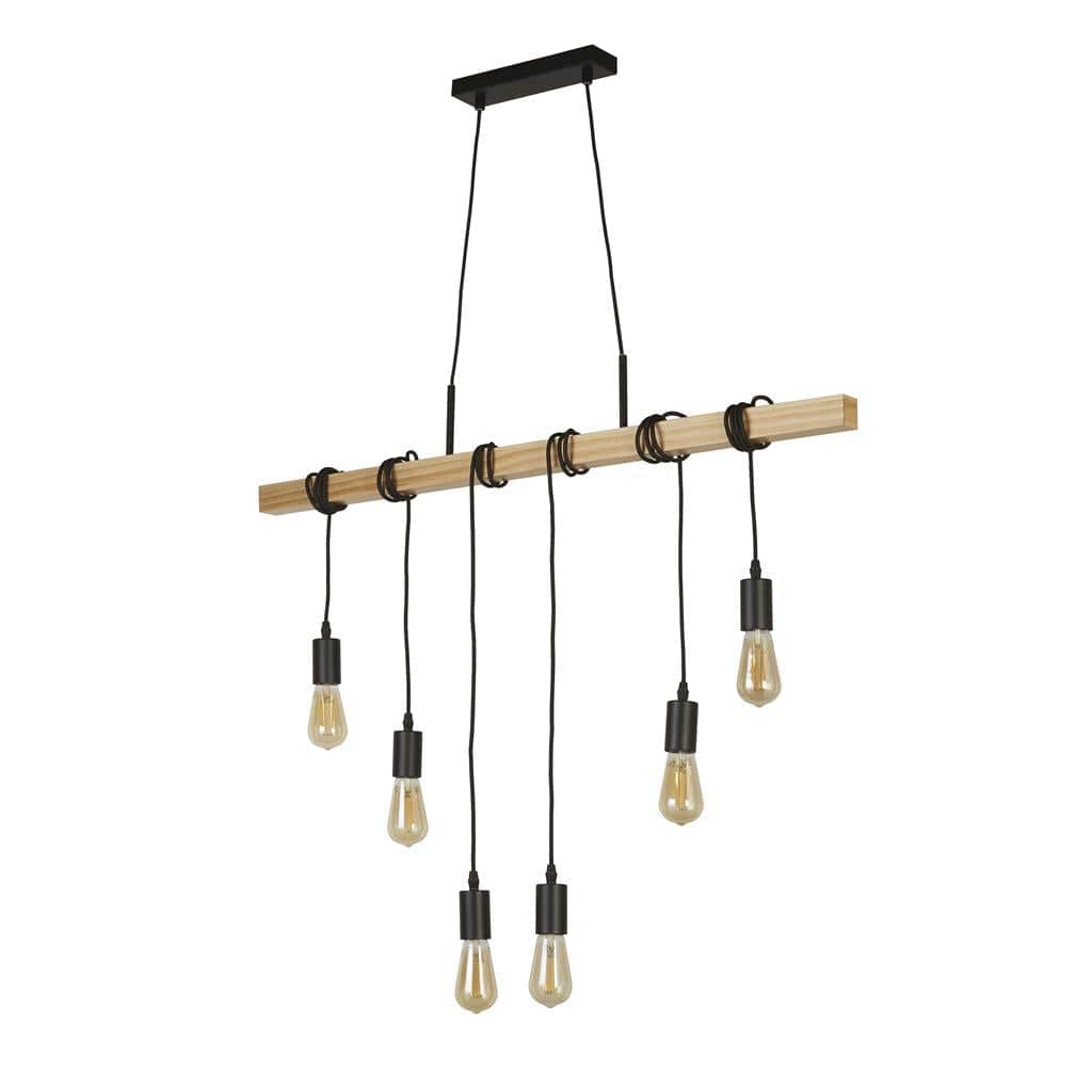 Searchlight Woody  6Lt Bar Pendant - Natural Wood & Black Metal 95041-6BR