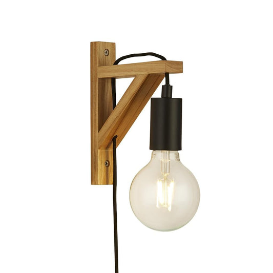 Searchlight Woody  Plug In Wall Light  - Natural Wood & Black Metal 95042BR